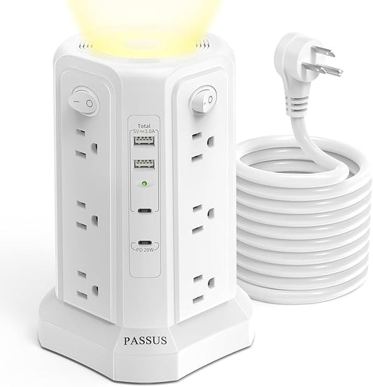 Long Surge Protector Power Strip 16 FT Cord, PD20W USB C Power Strip Tower with Night Light, Extension Cord with Multiple Outlets with 4 USB Ports, PASSUS Charging Station Home Office Essentials White