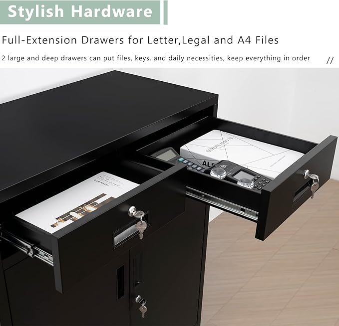 Metal Storage Cabinet with Locking Doors and 2 Drawers, 36” Garage Cabinet for Classroom, Home and Office - Black