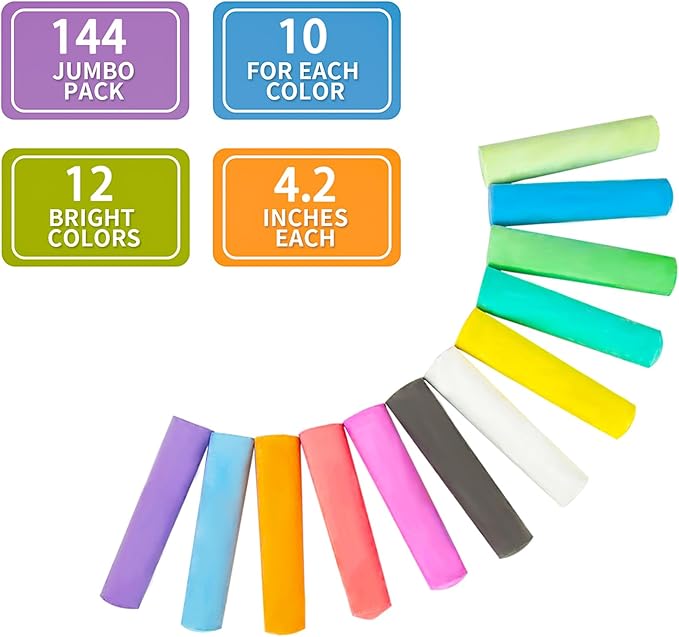 144PCS Washable Sidewalk Chalks Set in 12 Colors Non-Toxic Coloured Chalk Pavement for Kids Jumbo Chalk for Toddler Painting on Blackboard, Playground, Party