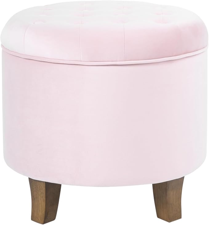 HomePop by Kinfine Fabric Upholstered Round Storage Ottoman - Velvet Button Tufted Ottoman with Removable Lid, Pink, Small