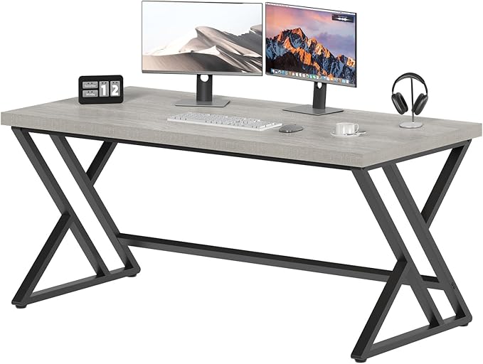 LVB Grey Desk, Industrial Wood Home Office Computer Desk for Bedroom, Farmhouse Metal Wooden Study Work PC Gaming Writing Table, Modern Simple Executive Writing Desk, 47 Inch, Light Gray