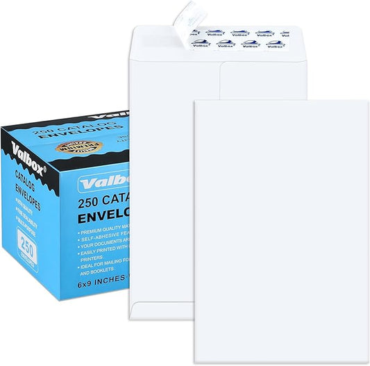 ValBox 6x9 Self Seal Security Catalog Envelopes 250 Count Small White Envelopes for Mailing, Storage and Organizing