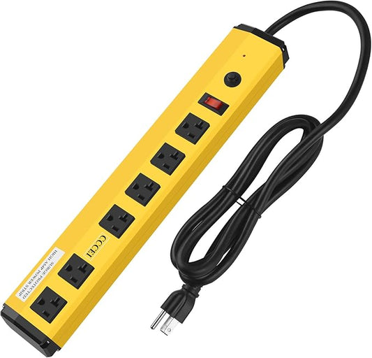 CCCEI Heavy Duty Power Strip Surge Protector 20 Amp, High Amp Industrial Shop Garage Metal Multiple Outlets, 4 FT 12 Gauge 5-15P Extension Cord 6 Outlet 6-20R T-Slot 20a for Appliance, Yellow.