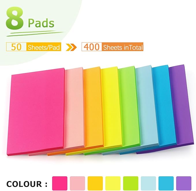 Winner Aura Sticky Notes 3x5 inch Bright Colors Self-Stick Pads 8 Packs 400 Sheets