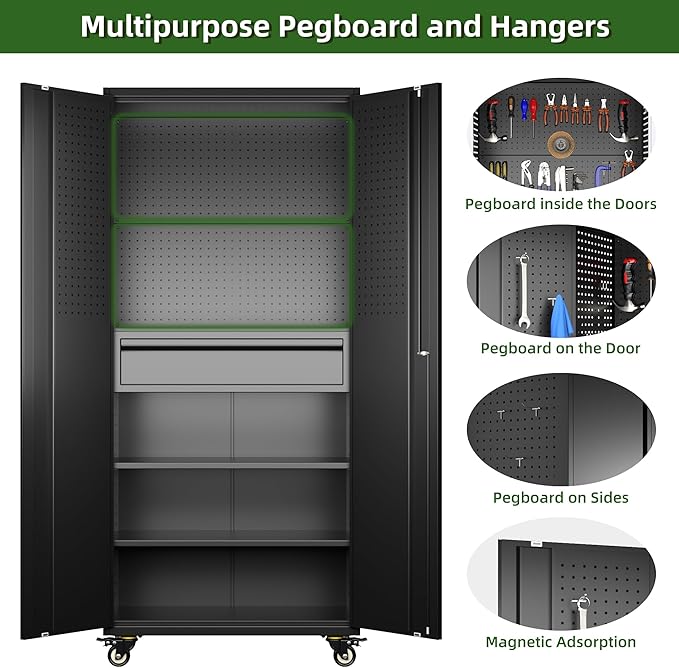 Aobabo Garage Storage Cabinet with Wheels, Metal Tool Storage Cabinet with 1 Drawer for Home,Assembly Required,Black