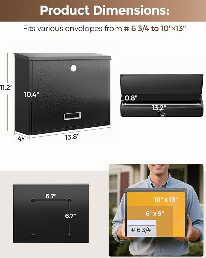 LAND·VOI Locking Wall-Mount Mailbox for Outside, with 4 Keys, Galvanized Steel Rustproof Metal Postbox, 4" Dx13.8 Wx11.2 H, Includes 3 Sets of Mailbox Numbers, Nameplate, Black, AMB33B