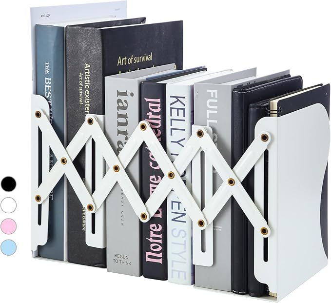 M&G Adjustable Bookends Book Ends for Shelves, Metal Bookend for Heavy Books, Desk Magazine File Organizer Holder Extends up to 20in, Book Stopper for Home, Office, Classroom (White)