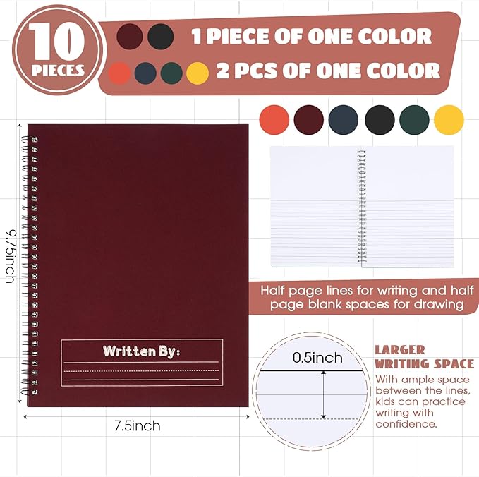 Henoyso 10 Pcs 100/50 Sheets Primary Composition Notebook K-2 Bulk Spiral Primary Journal Drawing Handwriting Practice for Kids Kindergarten 1st 2nd Back to School Supplies (Jewel Tone Color,50 Sheets)
