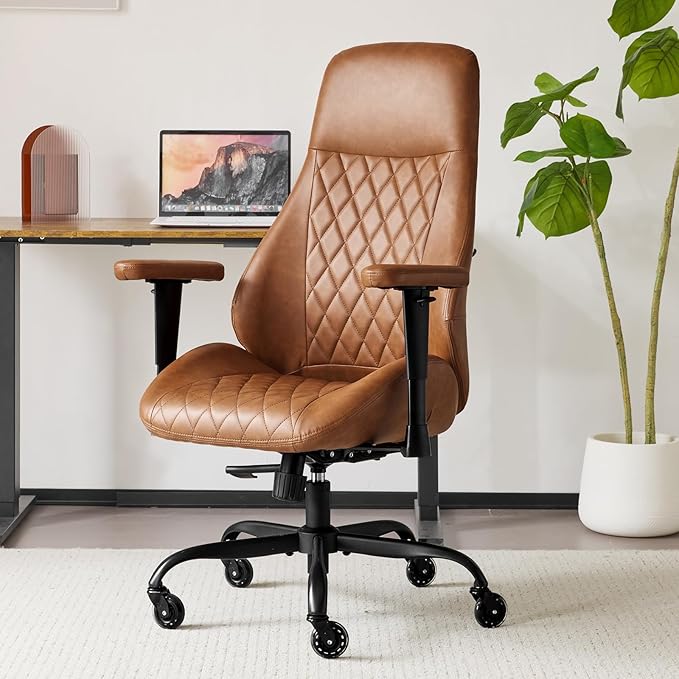 YFO Home Office Desk Chair High Back Office Rubber Casters Ergonomic Computer Chair with Lumbar Support Adjustable Height Rolling Swivel Chair Executive Task Armrests， Brown Leather
