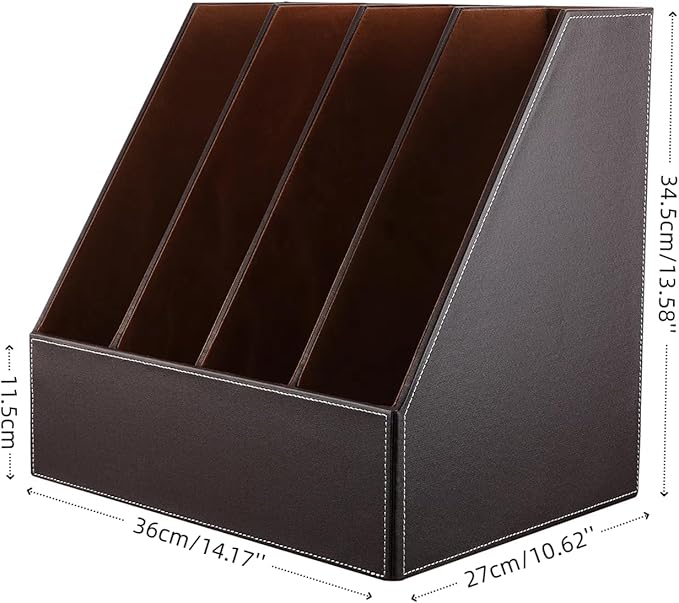 KINGFOM 4-Slot Wood Leather Document Files Holder Rack Stand Desk Files Organizer Papers Collection Cabinet (4 slot brown)