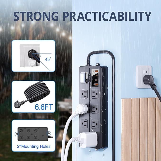 Outdoor Power Strip Weatherproof,Waterproof Surge Protector with 8 Wide Outlet with 2 USB-A and 2 USB-C, 10FT Extension Cord,1875W Overload Protection,Outlet Extender for Patio,Outdoor Decorations