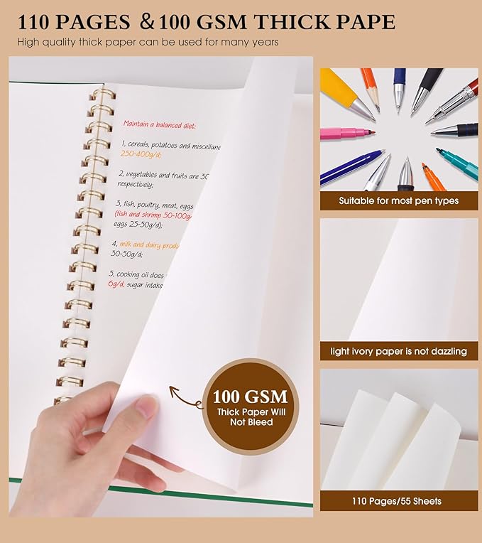 Blank Spiral Notebook Journal 8.5” x 11”, A4 Large Sketch Book for Women Men, 100 GSM Blank Paper Drawing Notebook, Plastic Hardcover Spiral Bound Sketchbook for Sketching Work School Writing, Green