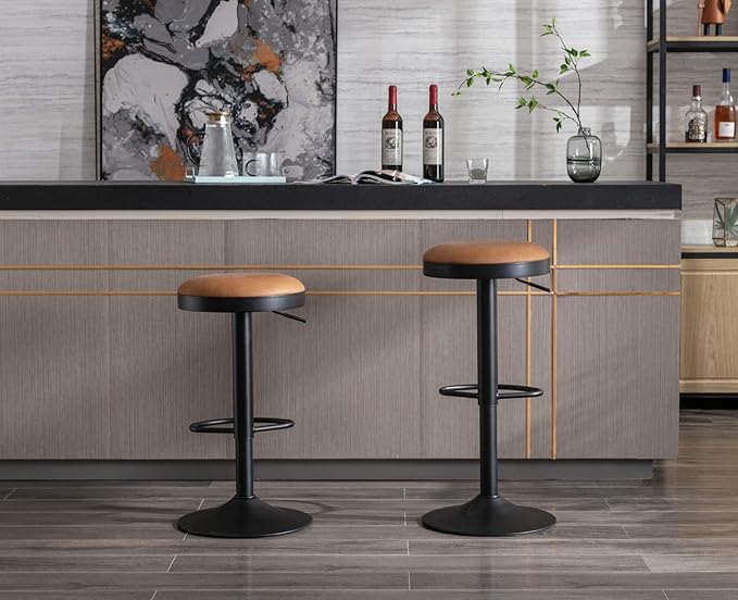 Round Swivel Counter Height Bar Stools Set of 4 Modern Adjustable Barstools Backless PU Leather Bar Chairs Industrial Island Chairs with Metal Base/Footrest for Kitchen Island/Pub/Bar, Brown