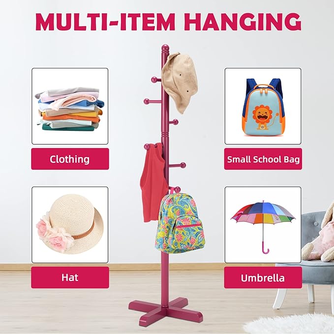 Kids Coat Rack, Freestanding Coat Racks with 8 Hooks 2 Adjustable Height, Tree Coat Rack for Bedroom, Hallway, Entrance, Office, Hats, Handbags,Purse (Dark-Rose)