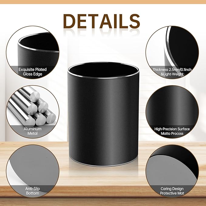 Leader Gifts,Metal Pen Holder Aluminum Pencil Holder for desk,Round Desktop Organizer and Black Pencil Cup for Office, School, Home and Stationary Supplies