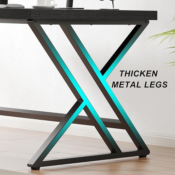 LVB Black Computer Desk, Modern Gaming PC Writing Desk for Home Office, Metal Computer Study Work Table for Bedroom, Industrial Executive Student Simple Workstation Desk, 55 in, Black Oak