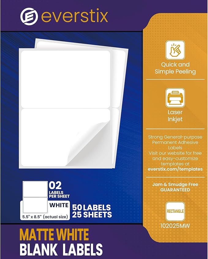5.5" x 8.5", 25 Sheets, 50 Printable Half Sheet Labels, Blank Mailing Labels for Laser & Inkjet Printers, Letter Size