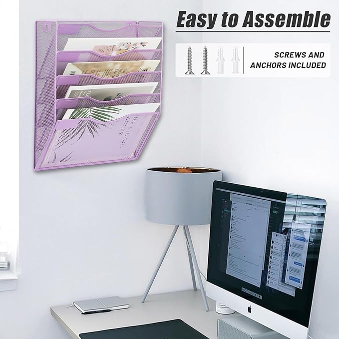 EASEPRES 5 Pocket Mesh Hanging Wall File Organizer, Wall Mounted Mail Paper Document Folder Holder, Clipboard Storage Organization Magazine Rack with Nametag Label for Office Home School, Light Purple