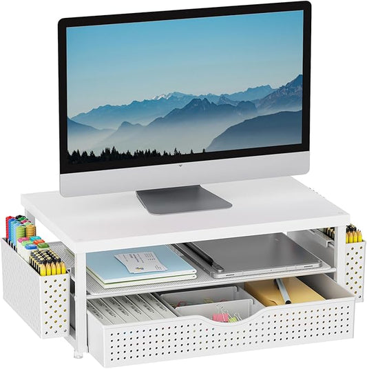 gianotter Wood Monitor Stand Riser, Office Desk Shelf Organizer, Desk Organizer with Drawer and Pen Holder, 2-Tier Computer Stand, Office Organization (Matte White)