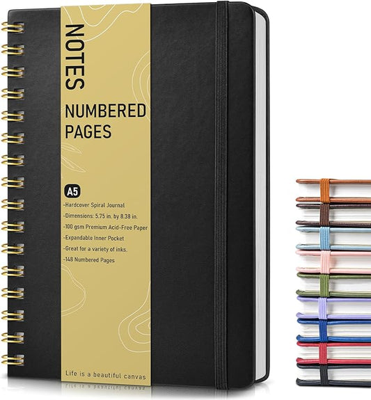 Lined Spiral Journal Notebook, A5 Hardcover Spiral Journals for Women Men, 150 Numbered Pages Spiral Bound Notebook, 100 GSM College Ruled Notebooks for Writing Note Taking Working 5.75" x 8.38" Black