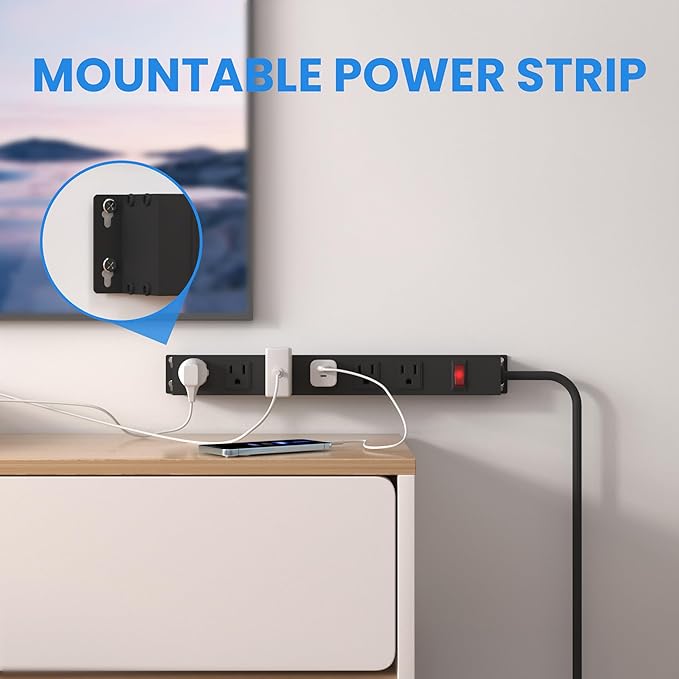 6 Outlet Heavy Duty Power Strip with Long Power Cord,Mountable Power Strip Without Surge Protector for Garage,Industrial,School and Home,15A 125V 1875W,ETL Approved and Listed,Black (8FT)