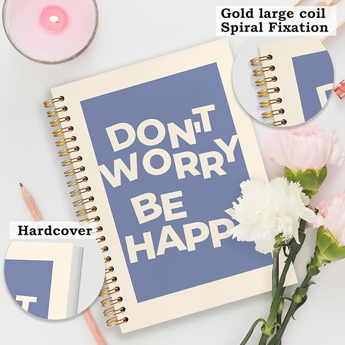 SNNDER Inspirational Notebook, Mental Health Journal for Women, Motivational Positive Affirmations Journal, Don't Worry Be Happy Blue Hardcover Spiral Notebooks 5.5x8.3 Inch