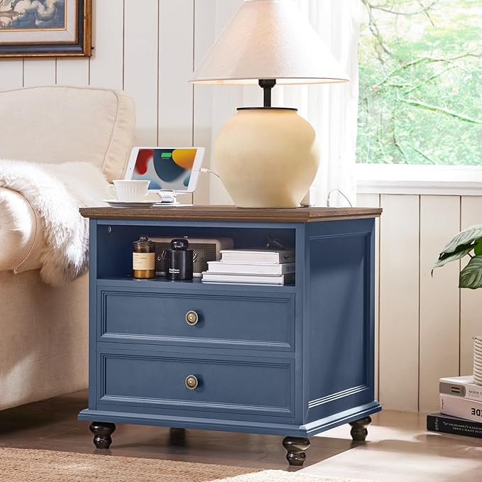 24" Wide Farmhouse Nightstand Set of 2 with Charging Station,End Table with 2 Drawers,Blue Wood Dresser for Bedroom Cabinet, Bed Side Table Chest of Drawers, Night Stand for Living Room, Closet