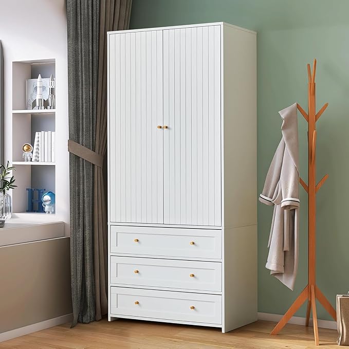 Wardrobe Armoire Wooden Closet with 2 Doors,71" Closet Armoire Set of 2,3 Drawers Household Freestanding Wooden Storage Cabinet for Bedroom (White)