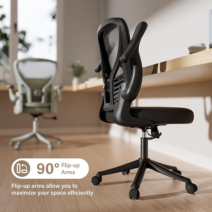 GYI Computer Desk Chair, Ergonomic Office Desk Chairs with Mesh Back, Adjustable Lumbar Support, Height, 3D Flip-up Arms, Wheels, Rocking Function, Black