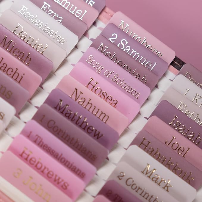 UPAFEXXI-Laminated Bible Tabs for Women and Men (Gold Foil Embossed Lettering) Reposition Large Print tabs, Easy to Read and Apply, 80 Bible Chapters Labels for Easy Navigation(Pink and White)