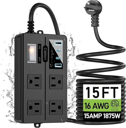 Outdoor Power Strip Weatherproof,Waterproof Surge Protector with 4 Wide Outlets,4 USB Charger,15 FT Extension Cord,1875W/15Amps,Multi Outlet Extender for Patio Porch Garden Yard Christmas Lights