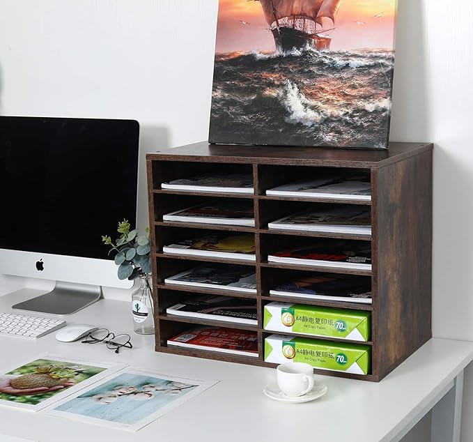 EasyPAG Mail Organizer Countertop, Wood Literature Organizer, Student Classroom Mailbox for School, Desktop Paper Sorter for Office Home, 12 Compartments, Archaize