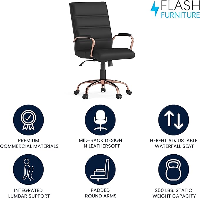 Flash Furniture Whitney Mid-Back Swivel LeatherSoft Desk Chair with Padded Seat and Armrests, Adjustable Height Padded LeatherSoft Office Chair, Black/Rose Gold