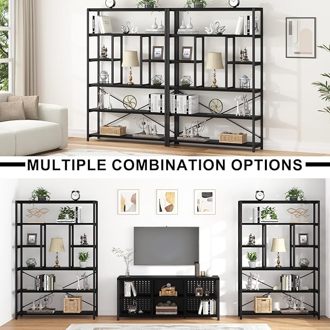 LVB 6 Tier Tall Black Bookshelf, Modern Large Wide Book Rack Storage, Industrial Wood Metal Etagere 6 Shelf Bookcase, Farmhouse Open Display Book Shelf Organizer for Bedroom Living Room Office, Black