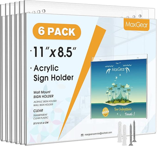 MaxGear Wall Mount Sign Holder, 8.5x11 inches Acrylic Sign Holder with Mounting Screws, Plastic Sign Holder Clear Acrylic Picture Frame for Home, Office, Store, Restaurant, Landscape 6 Pack