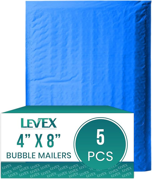 Levex - #000 4" x 8" [5 Pack] Blue Poly Bubble Mailers, Padded Envelope Mailers, Packing Envelope & Mailing Bags for Shipping