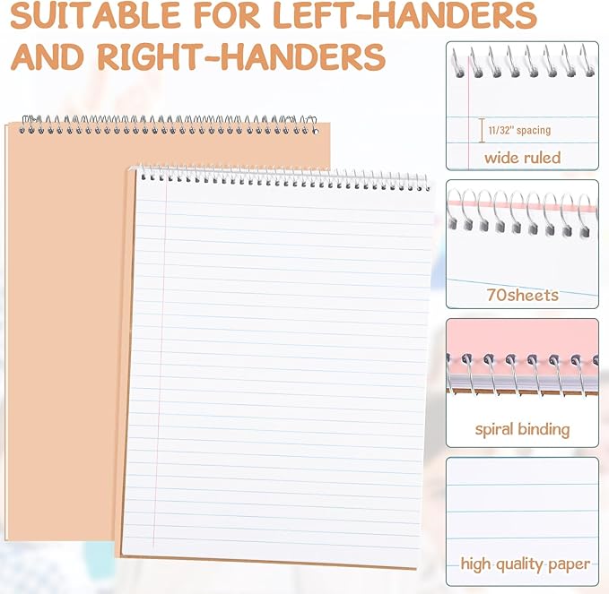 Maitys 6 Pack 8.5 x 11'' Top Bound Office Steno Book Wide Ruled Double Sided Spiral Steno Books Reliable White Paper 70 Sheets/Pad Pastel Colors Covers for Writing Notes College(Cute Color)