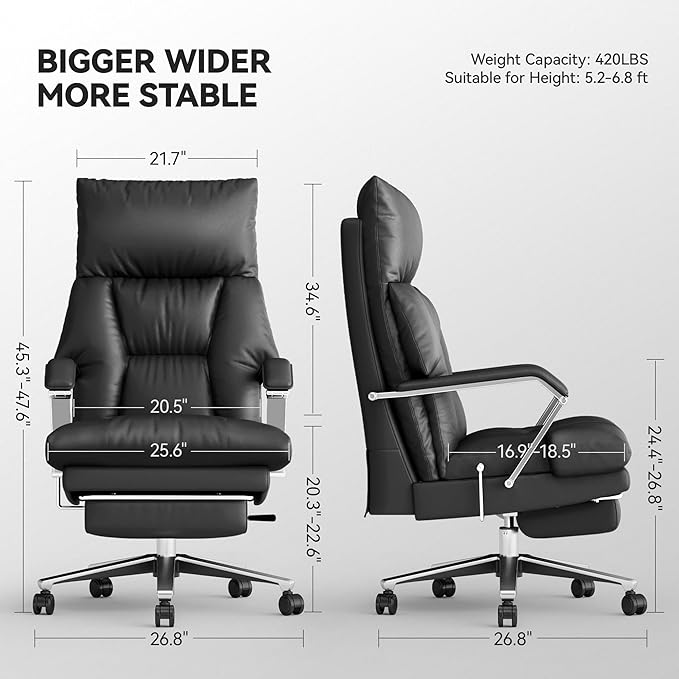 Reclining Office Chair with Footrest - 25.6" Wide Seat & Adjustable Seat Depth, Big and Tall High Back Leather Executive Home Office Desk Chair 400lbs, Black