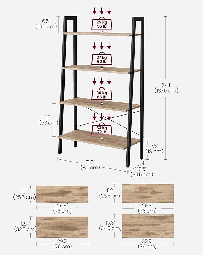 VASAGLE Ladder Shelf, 4-Tier Bookshelf, Storage Rack, Bookcase with Steel Frame, for Living Room, Home Office, Kitchen, Bedroom, Industrial Style, Camel Brown and Ink Black ULLS144B50