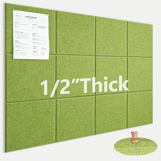 Large Cork Board for Office Wall Decor,48"x36"-12 Pack Felt Wall Tiles with Safe Removable Adhesive Tabs, 1/2" Thick, Felt Bulletin Board Pin Board Cork Boards for Walls - Matcha Green