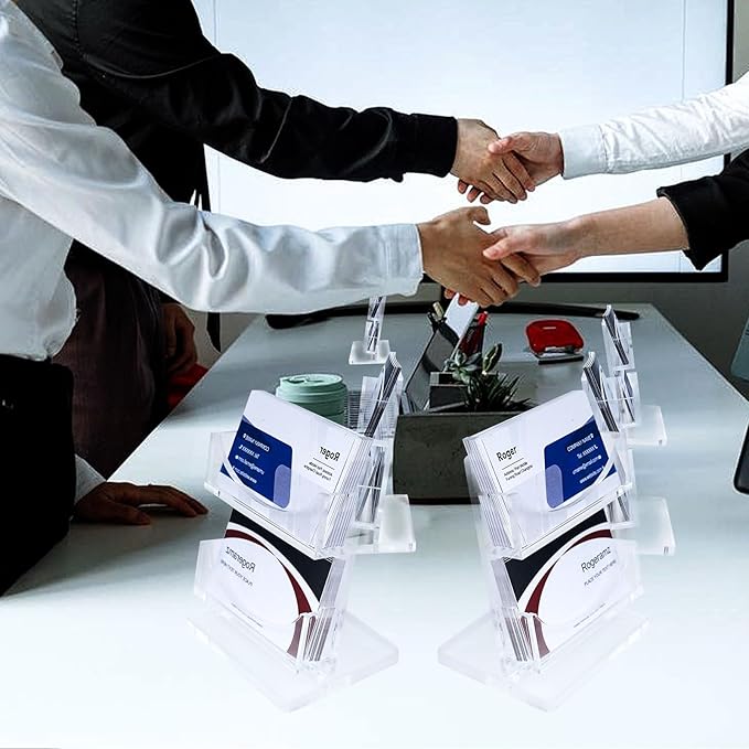 Acrylic Business Card Holder 2-Tier for Desk - Office & Exhibition Clear Business Card Display Stand, Business Card Organizer with 2 Slots, Holds Up to 130 Cards
