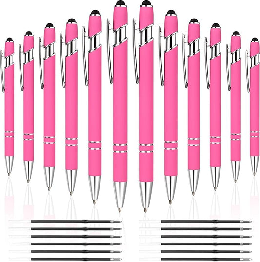 12 PCS 2 in 1 Stylus Ballpoint Pen with Stylus Tip, 1.0 mm Black Ink Metal Pen Stylus Pen for Touch Screens (Silver & Pink)