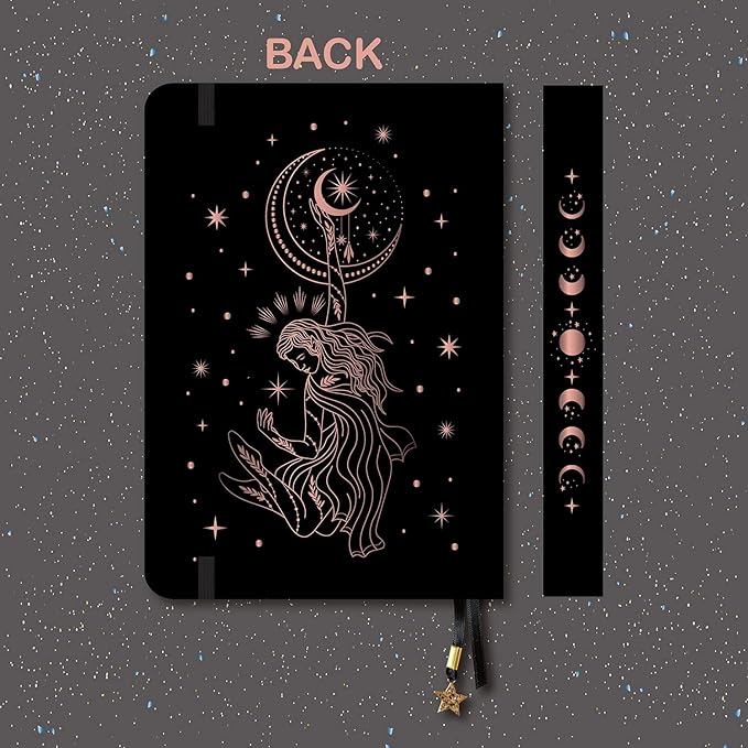 BUKE Medium A5 Hardcover Notebook Dotted Journal - 180Gsm Thick Bamboo Paper - 160 Dot Grid Pages 5x5 MM - Black Color Faux PU Leather Cover - Rose Gold Edge And Moons (A5, Black)