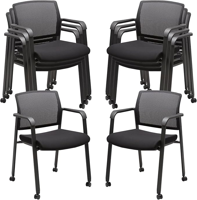 CLATINA Mesh Back Guest Reception Arm Chairs with Wheels, Waiting Room Chairs with Upholstered Fabric Seat and Ergonomic Lumbar Support for Office, 8PK