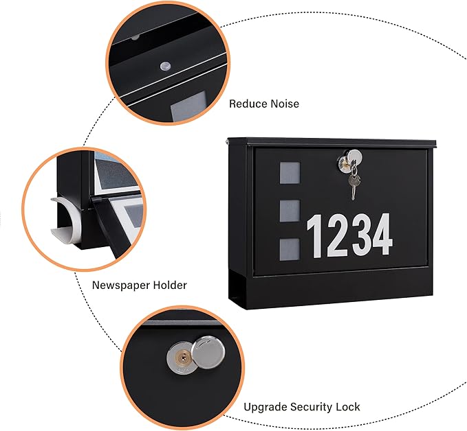 LAND·VOI Locking Mailbox Wall Mounted, Metal Postbox with Three Sets of Mail Box Number Stickers, 4 Keys, 14.4" x 4.5" x 11.2", Large Capacity, Black, AMB11B