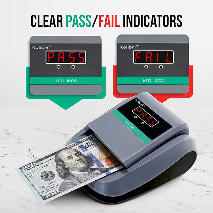 Kolibri KCD-1000 4-Way Orientation Portable Fake Currency Reader and Counterfeit Bill Detector with UM, Magnetic, Infrared Counterfeit Money Detector, Easy Pass/Fail Indicator (KCD-1000)