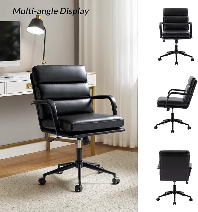 HULALA HOME Modern Faux Leather Home Office Chair with Tilt Lock & Metal Base, Desk Chair with Wheels & Padded Cushion, 360° Swivel Wide Seat Computer Task Chair, Black