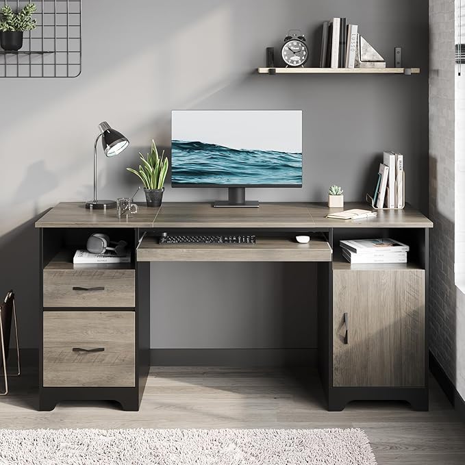 Bestier 59” Executive Desk with 2 Drawers, Computer Desk with Storage Cabinet, Industrial Wood Desk with File Drawer, Keyboard Tray & 2 Pedestals for Home Office & Studio, Gray
