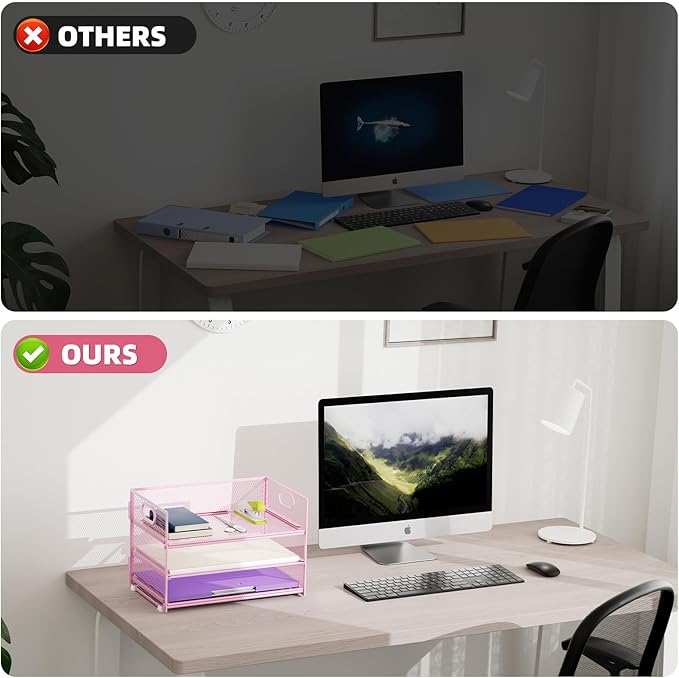 Marbrasse 3 Tier Paper Organizer Letter Tray, Mesh File Organizer with Handle, Paper Sorter Desk Organizer for Home Office Supplies - 2p Pink