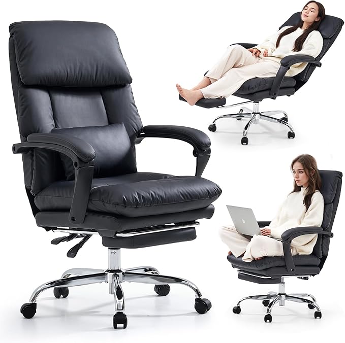 EMIAH Real Leather Office Chair with Foot Rest, Reclining Ergonomic Executive Office Chair with Arms, High Back Comfy Swivel Computer Desk Chairs with Wheels and Lumbar Support for Home Office, Black